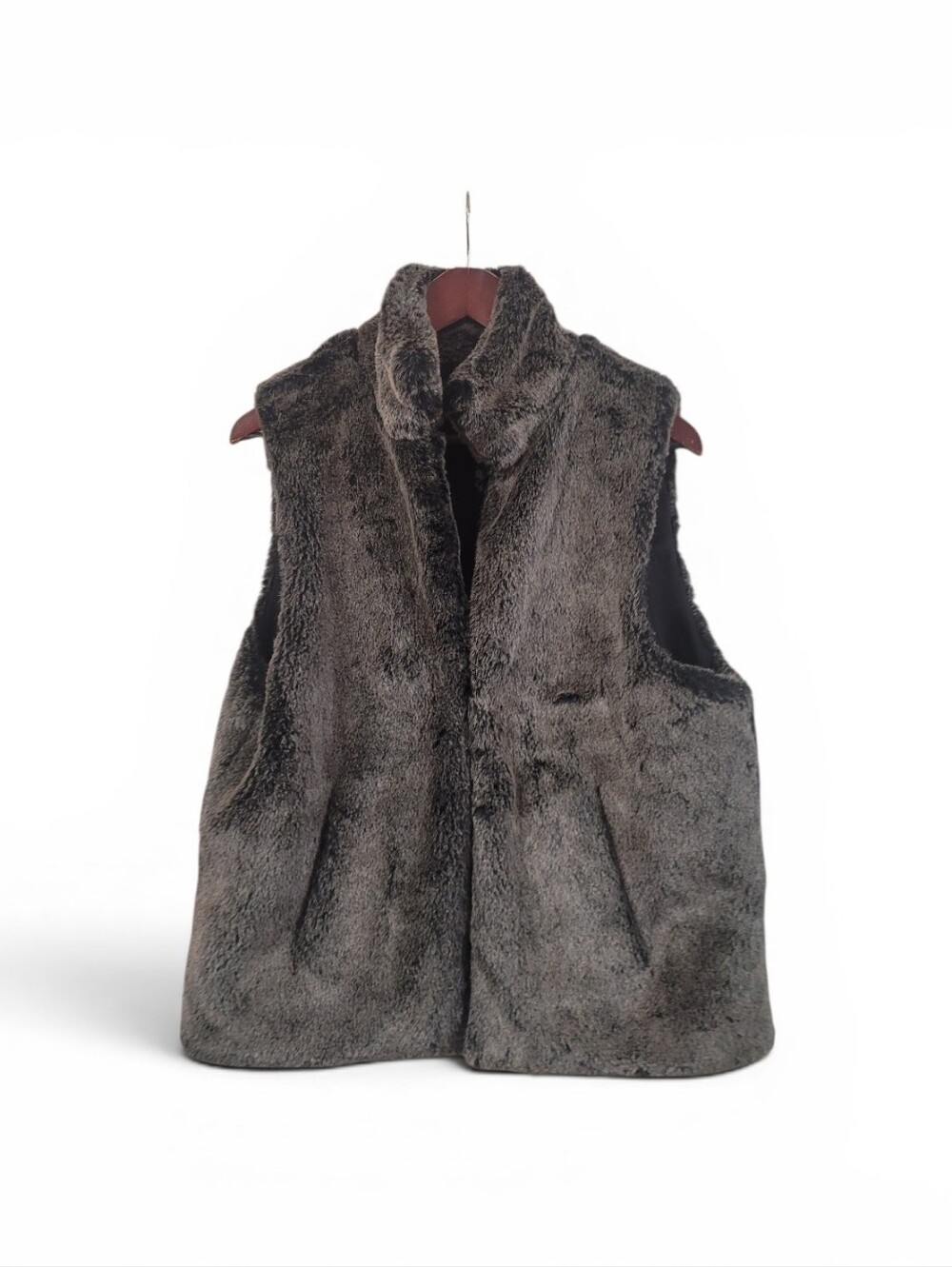 Cajon Faux Fur Vest Women's Large Gray Plush Pockets Hook Closure Jacket - Picture 1 of 4